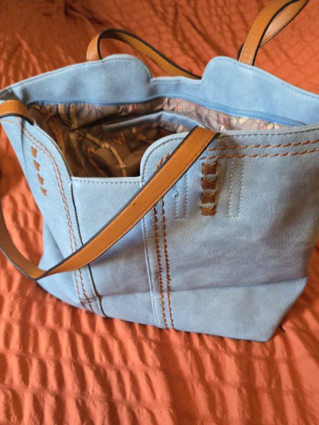 Montana West Light Blue Suede Tote With Tan Straps
